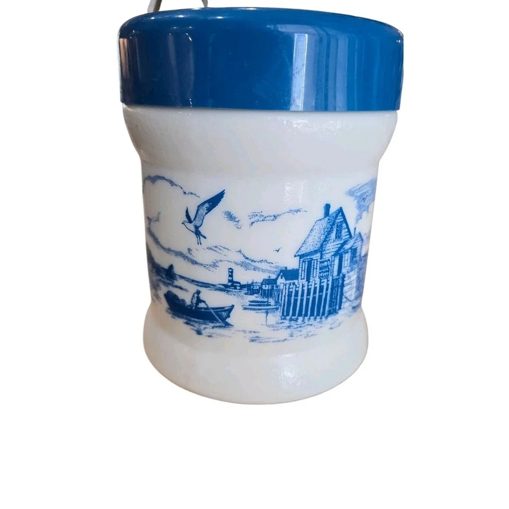 Dutch Delftware Blue Nautical Milk Glass‎  Jar W/LID Vintage Mint Condition Sea